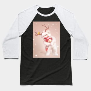 Little Girl Hugging Dog in Reindeer Antlers Baseball T-Shirt